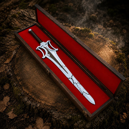 He-Man broken power sword arranged inside an open red-lined wooden display box