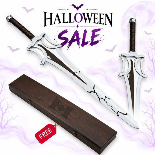 He-Man Broken Power Sword replica featuring silver blade with cracked detailing, sculpted crossguard, brown wrapped grip and wooden presentation box in Halloween sale.