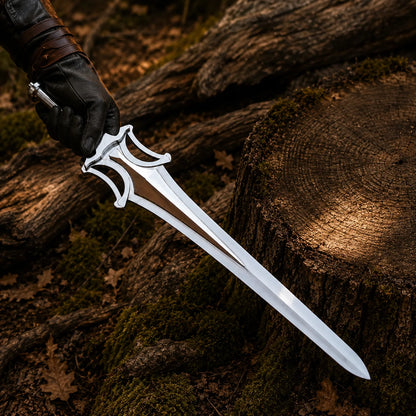 Gloved hand holding the He-Man Power Sword above woodland bark, showing the polished guard and long blade