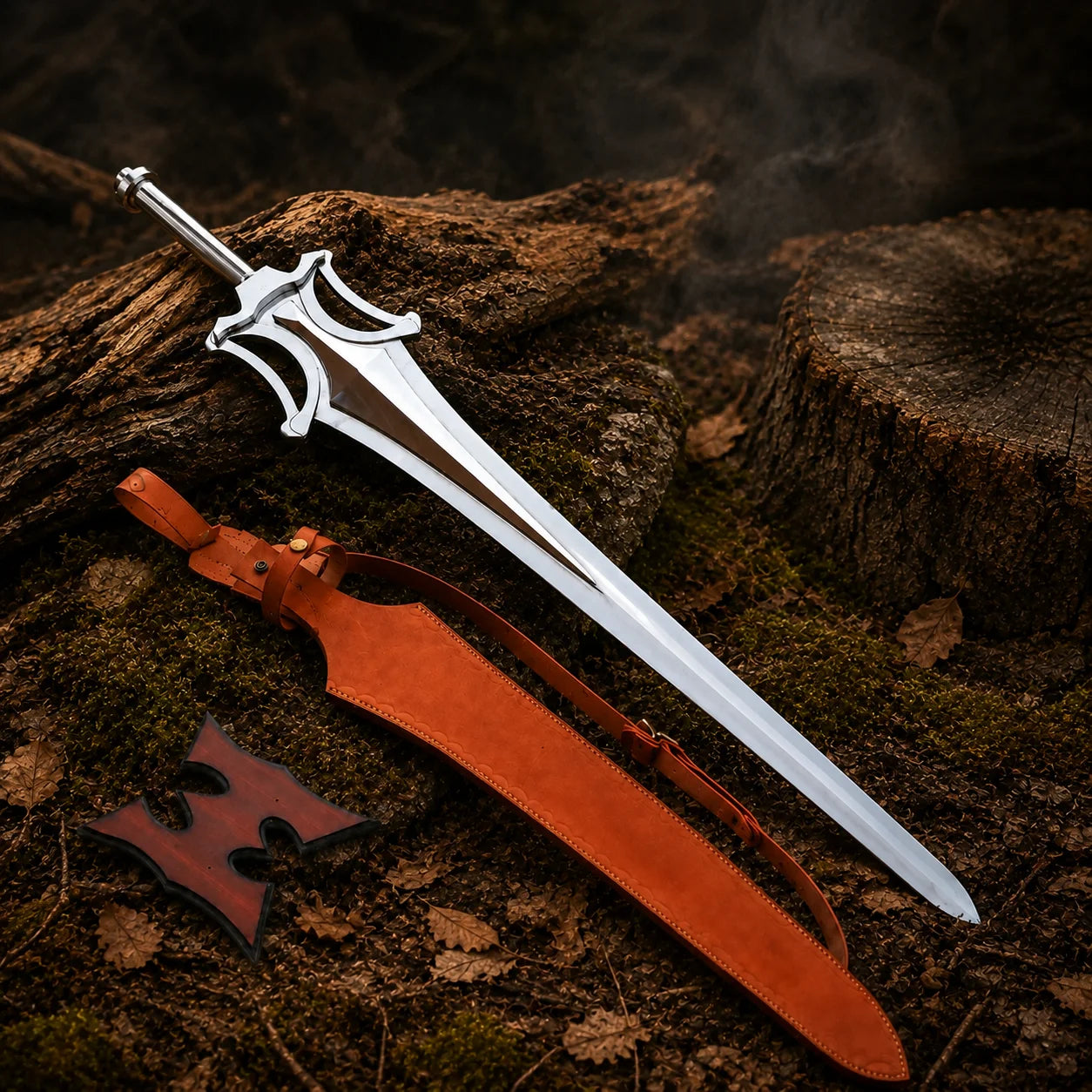 He-Man Power Sword set arranged in woodland with brown shoulder sheath and decorative red wooden wall plaque