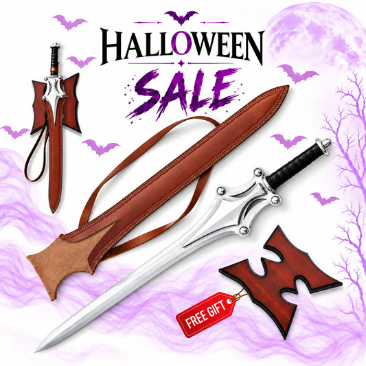 He-Man Power Sword replica with silver fantasy blade, black grip, ornate silver guard, brown leather sheath and free display plaque in Halloween sale artwork.