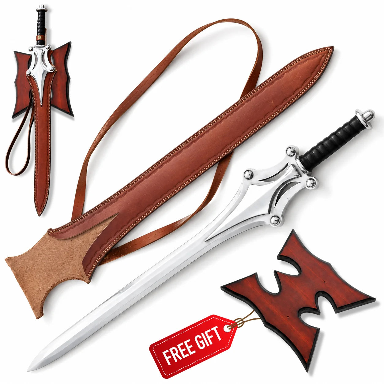 He-Man Power Sword replica with polished silver guard, black grip, brown leather sheath, shoulder strap and wooden wall plaque