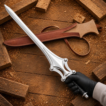 Gloved hand holding full He-Man Power Sword above rustic timber with polished blade and brown leather sheath behind