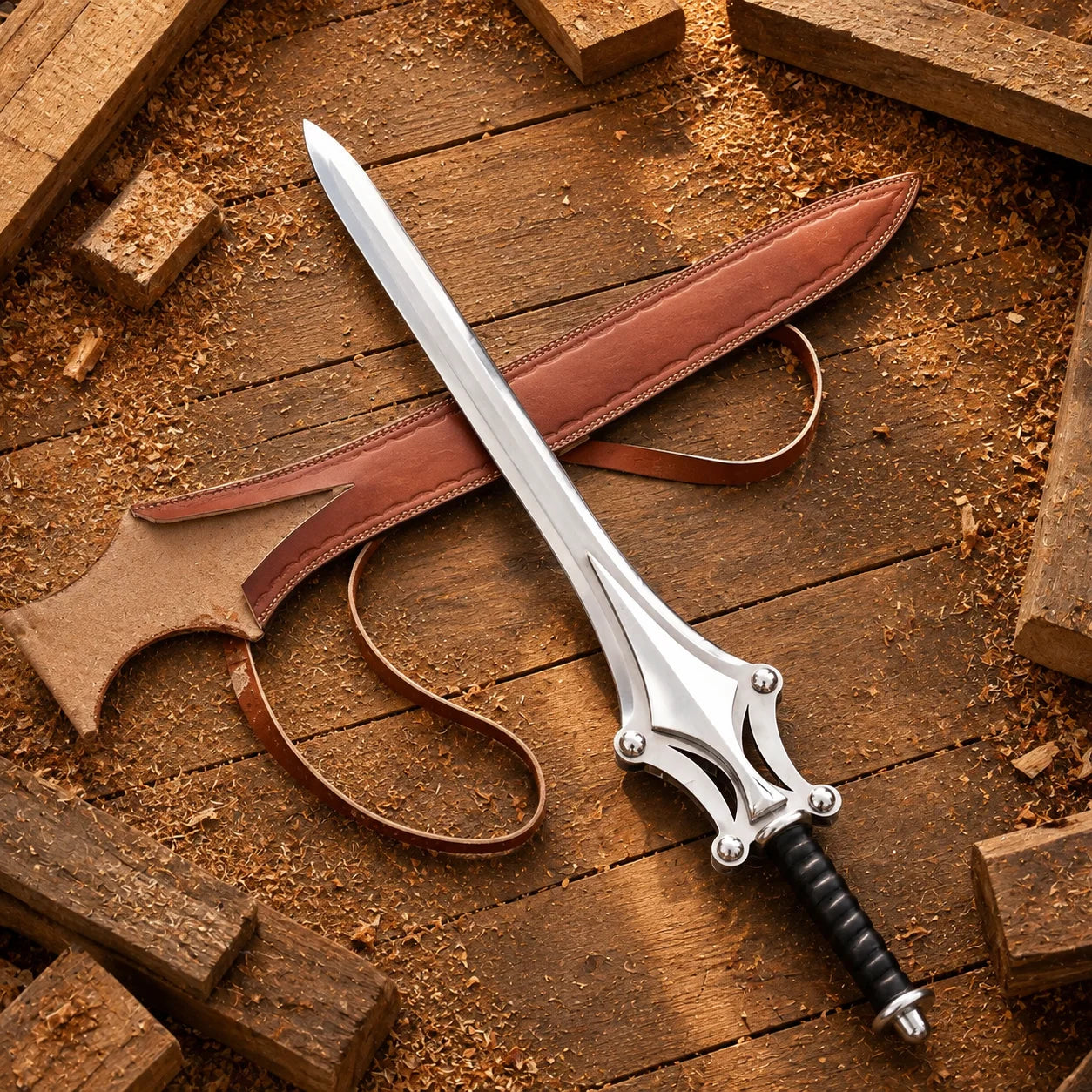 Full-length Power Sword displayed diagonally beside stitched brown leather sheath on a rustic wooden surface