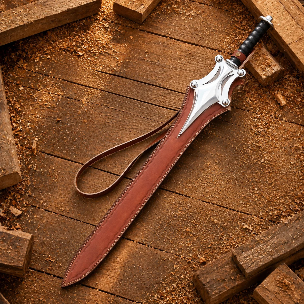 He-Man Power Sword fitted into brown leather sheath with long shoulder strap and polished silver fantasy guard visible