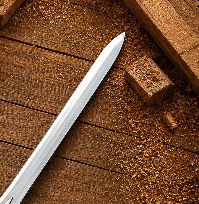 Detailed close-up of polished stainless-steel Power Sword blade and tapered display point against rustic timber