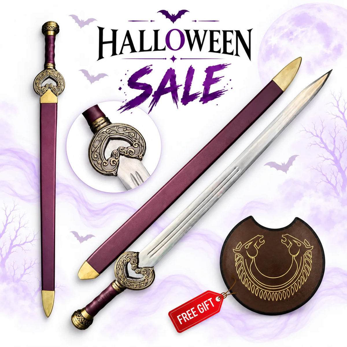 Herugrim sword replica of King Théoden from Lord of the Rings with ornate gold hilt, polished silver blade, burgundy scabbard and wooden shield plaque in Halloween sale.