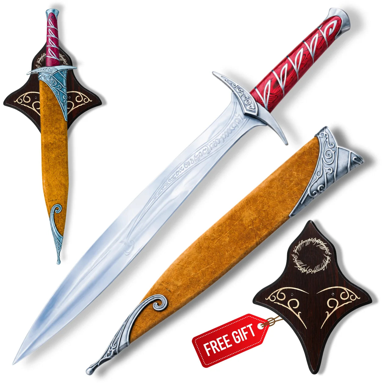 High Elven Warrior Sword LOTR replica with engraved silver blade, brown scabbard and decorative Elven wall plaque