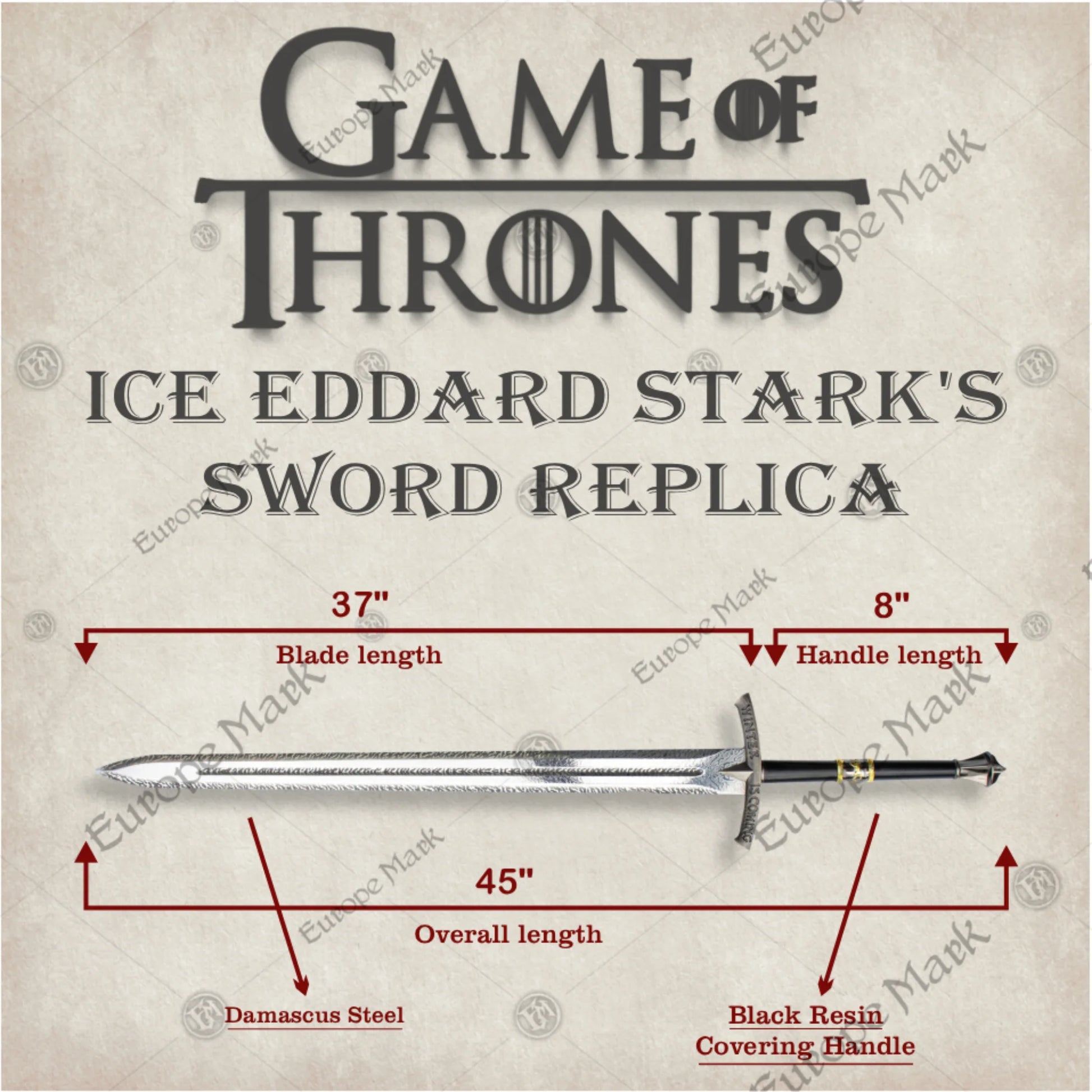 Premium Ice Eddard Starks Game of Thrones Sword Replica with damascus steel.