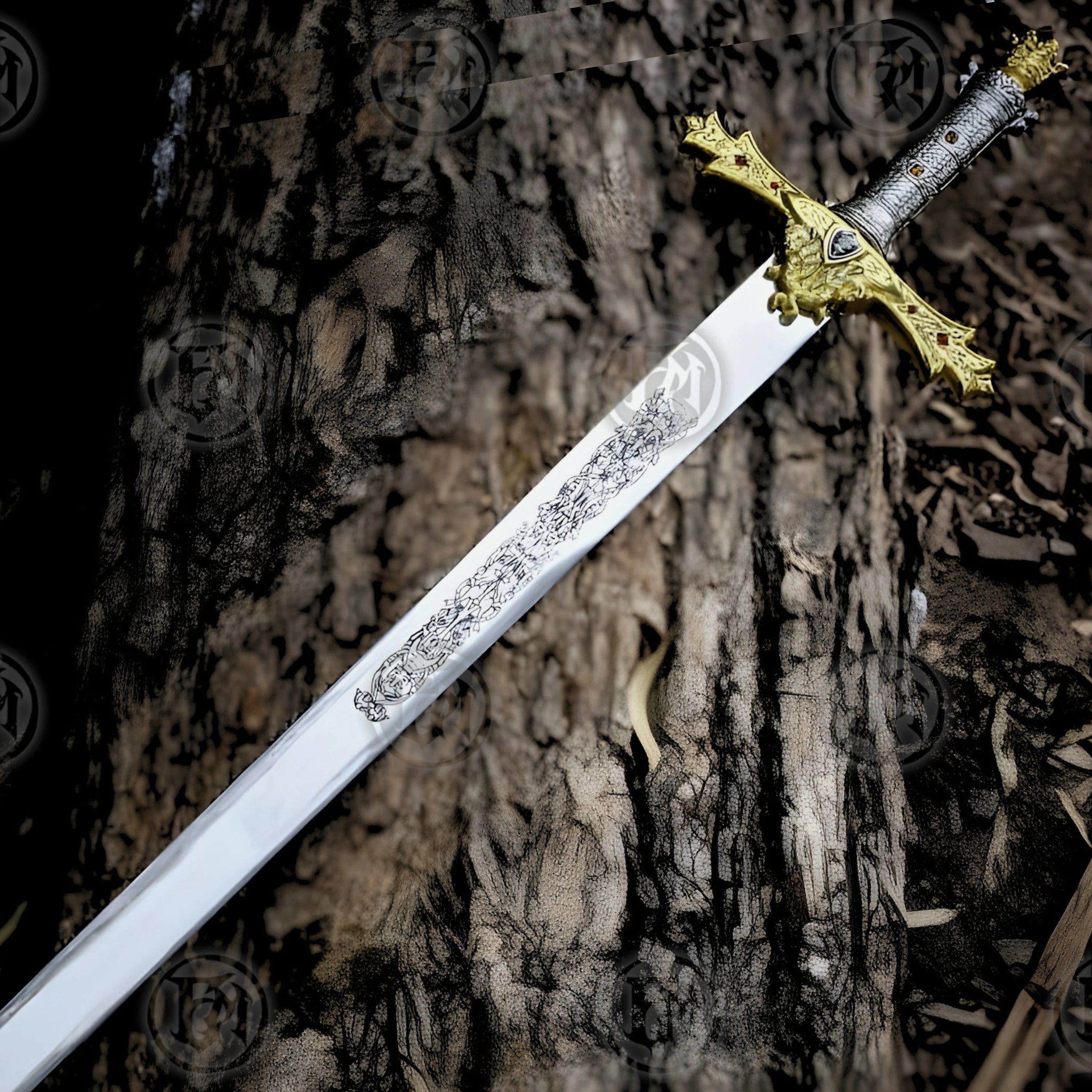 Premium King Arthur Excalibur Crown Head Merlin Sword Replica with stainless steel blade.