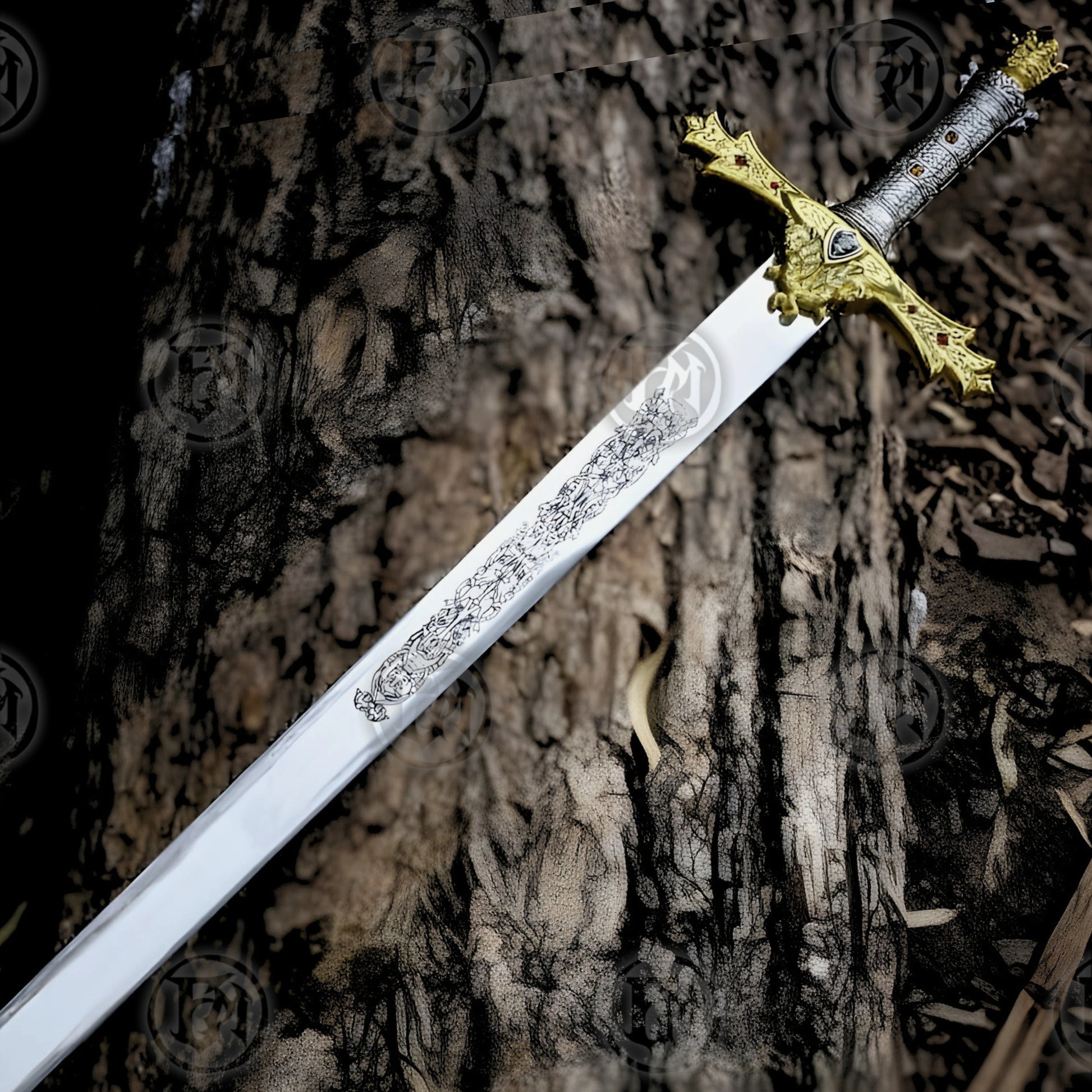 Premium King Arthur Excalibur Crown Head Merlin Sword Replica with stainless steel blade.