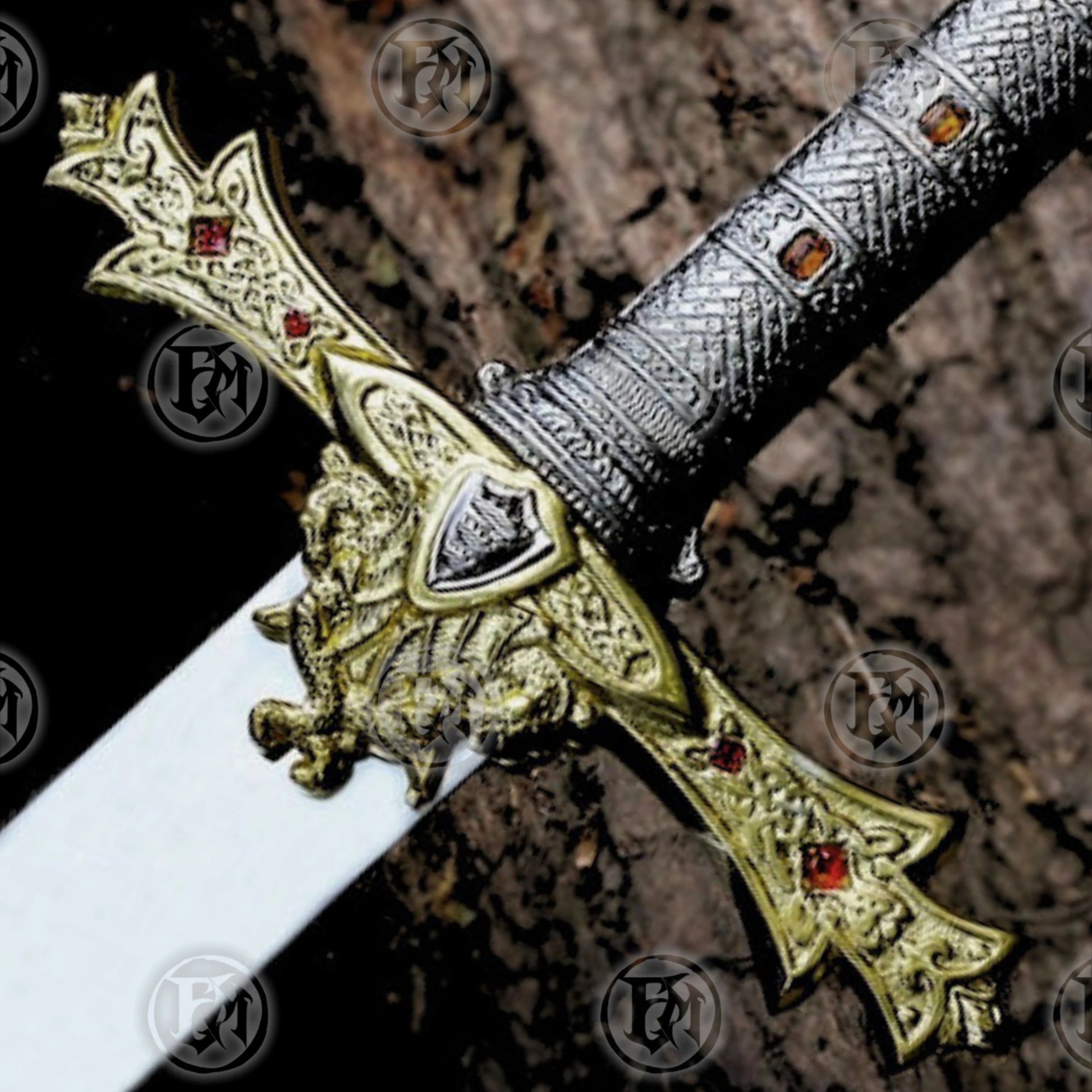 Premium King Arthur Excalibur Crown Head Merlin Sword Replica with stainless steel blade.