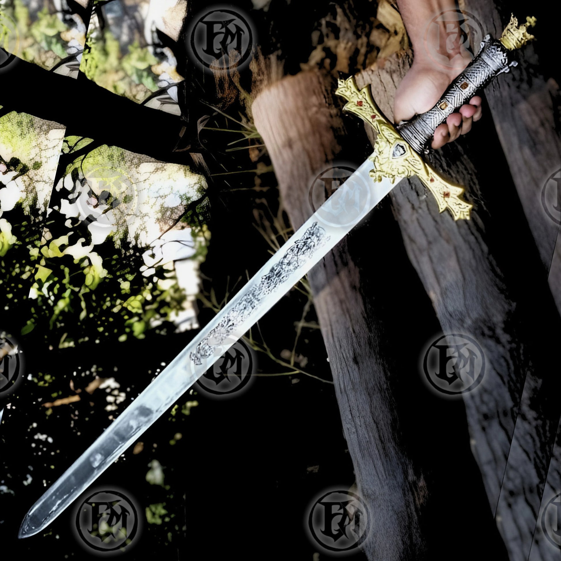 Premium King Arthur Excalibur Crown Head Merlin Sword Replica with stainless steel blade.
