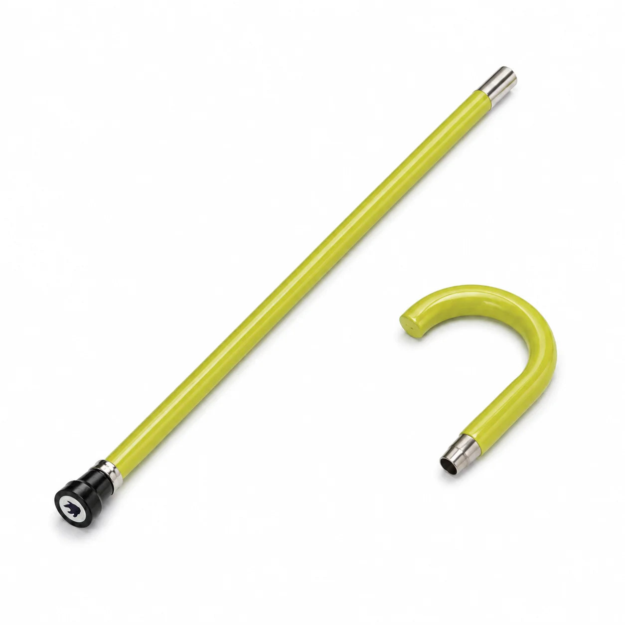 Detached curved handle beside lime-green Urahara cane shaft and black end cap
