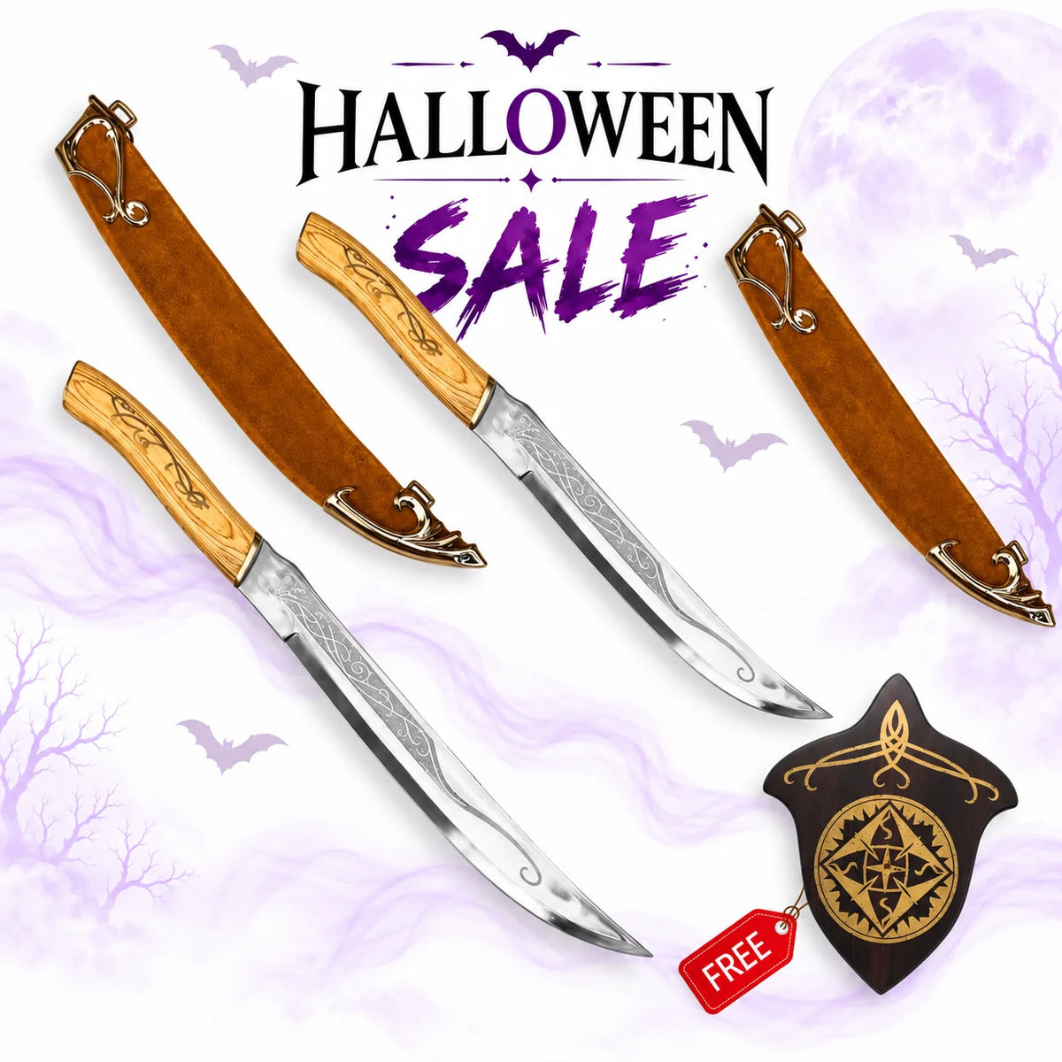 Legolas twin Elven daggers replica from Lord of the Rings featuring engraved silver curved blades, light wood handles, brown sheaths and decorative display plaque.