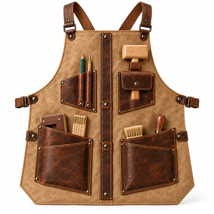 Front view of sand beige cowhide leather woodworking apron with dark brown tool pockets, mallet holder and adjustable shoulder straps.