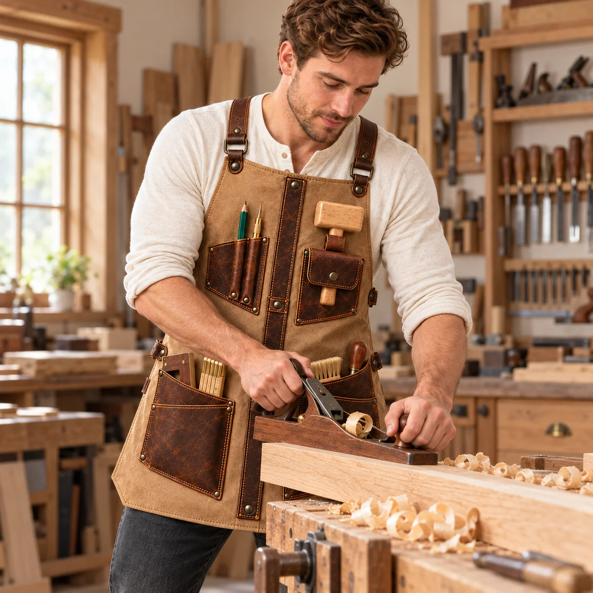Male woodworker wearing a sand beige cowhide leather apron while using a hand plane on timber inside a traditional workshop.