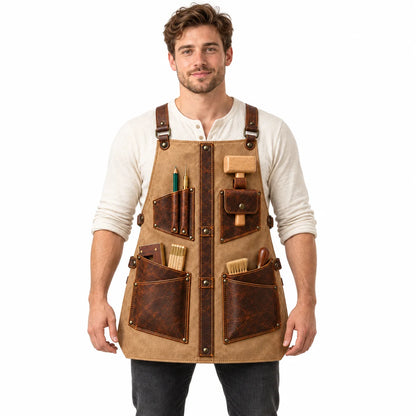 Front-facing male model wearing the Measure Line cowhide leather woodworking apron with brown utility pockets on a white background.