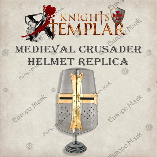 Premium Medieval Knight Templar Crusader Helmet Replica with Oak Stand.