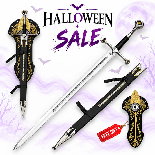 Museum Collection Anduril Narsil Sword replica from Lord of the Rings with engraved silver blade, black scabbard and ornate gold wall plaque in Halloween sale.