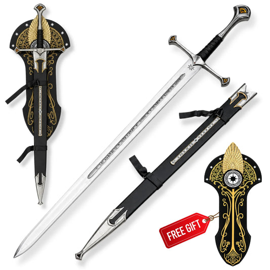 Museum Collection Anduril Narsil Sword display set on white showing polished blade, black scabbard and ornate black-and-gold wall plaque
