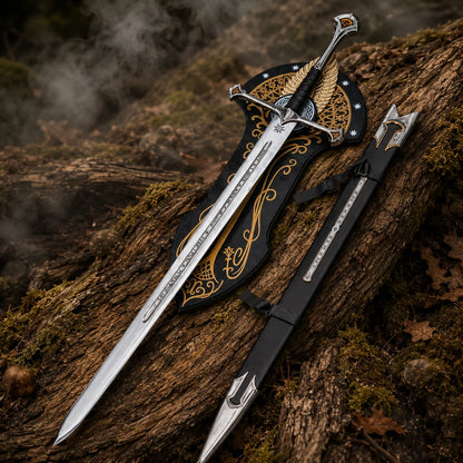 Museum-style Anduril sword, black scabbard and black-and-gold wall plaque displayed on a woodland log with soft mist