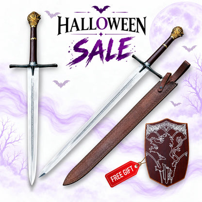 The Chronicles of Narnia Peter Rhindon replica sword with golden lion pommel, silver blade, brown scabbard and free display plaque in Europe Mark's Halloween sale.