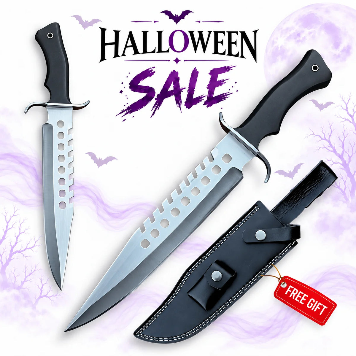 Negan Lucille Bowie Knife replica from The Walking Dead featuring a silver perforated sawback blade, black contoured handle and black sheath in Halloween sale.