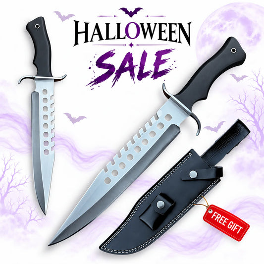 Negan Lucille Bowie Knife replica from The Walking Dead featuring a silver perforated sawback blade, black contoured handle and black sheath in Halloween sale.