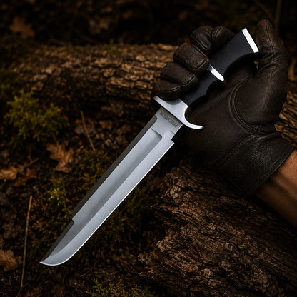 Black-gloved hand presenting the Predator Dutch Schaefer movie prop collectible with silver blade and sculpted black handle in a woodland setting