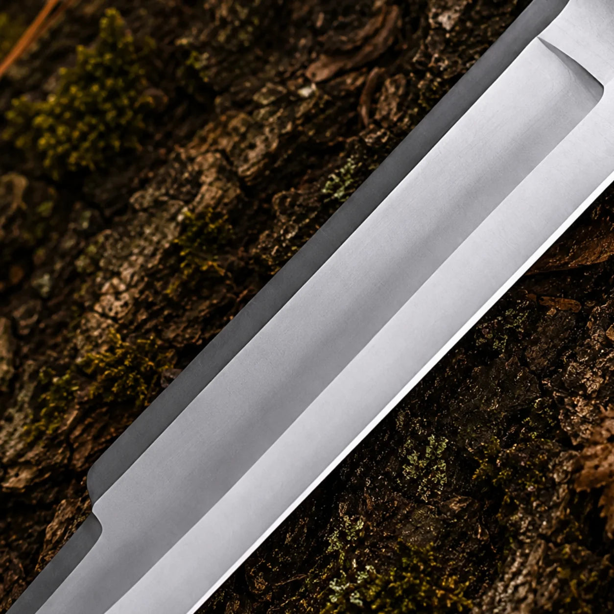 Close-up of the Predator Dutch Schaefer decorative metal blade showing its polished finish, angular fuller and contrasting dark edge detail