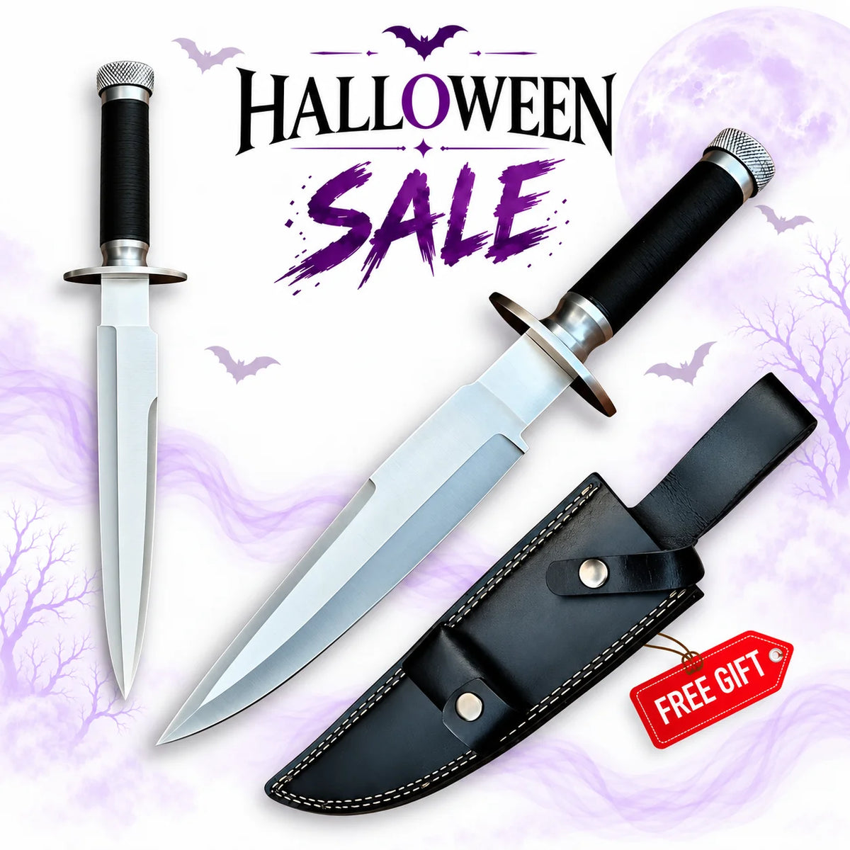 Predator movie knife prop replica with polished silver Bowie blade, black textured handle, silver crossguard and black leather sheath in Europe Mark's Halloween sale.