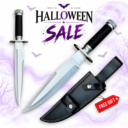 Predator movie knife prop replica with polished silver Bowie blade, black textured handle, silver crossguard and black leather sheath in Europe Mark's Halloween sale.