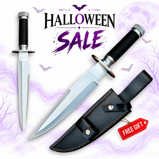 Predator movie knife prop replica with polished silver Bowie blade, black textured handle, silver crossguard and black leather sheath in Europe Mark's Halloween sale.