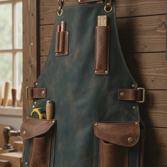 A short vertical video presents the Studio Wing slate teal cowhide leather apron through workshop hanging views, a model wearing the apron, side-profile shots and a closer view of the antique-brown utility pockets. The footage highlights the adjustable shoulder straps, contrasting leather finishes and front tool storage.