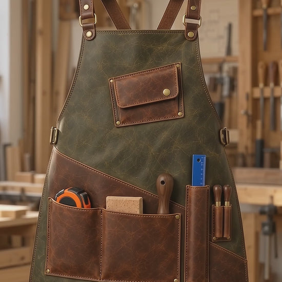 Explore the Field Joiner Sage Olive Cowhide Leather Apron with distressed brown tool pockets, adjustable straps, brass-tone detailing and practical woodworking storage.