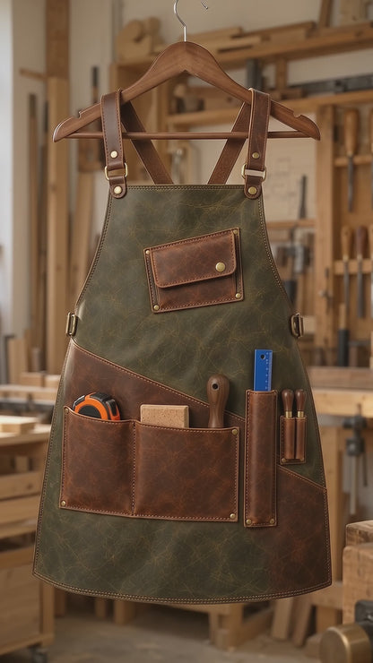 Explore the Field Joiner Sage Olive Cowhide Leather Apron with distressed brown tool pockets, adjustable straps, brass-tone detailing and practical woodworking storage.