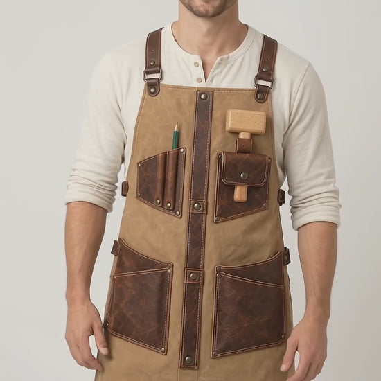 Explore the Measure Line Sand Beige Cowhide Leather Apron with its contrasting brown tool pockets, vintage-style finish and workshop-inspired design. See the apron worn during woodworking activity.