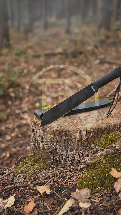 Product showcase video featuring the Rambo IV movie prop collectible with matte black decorative blade, wrapped handle, wrist straps and stitched black display sheath