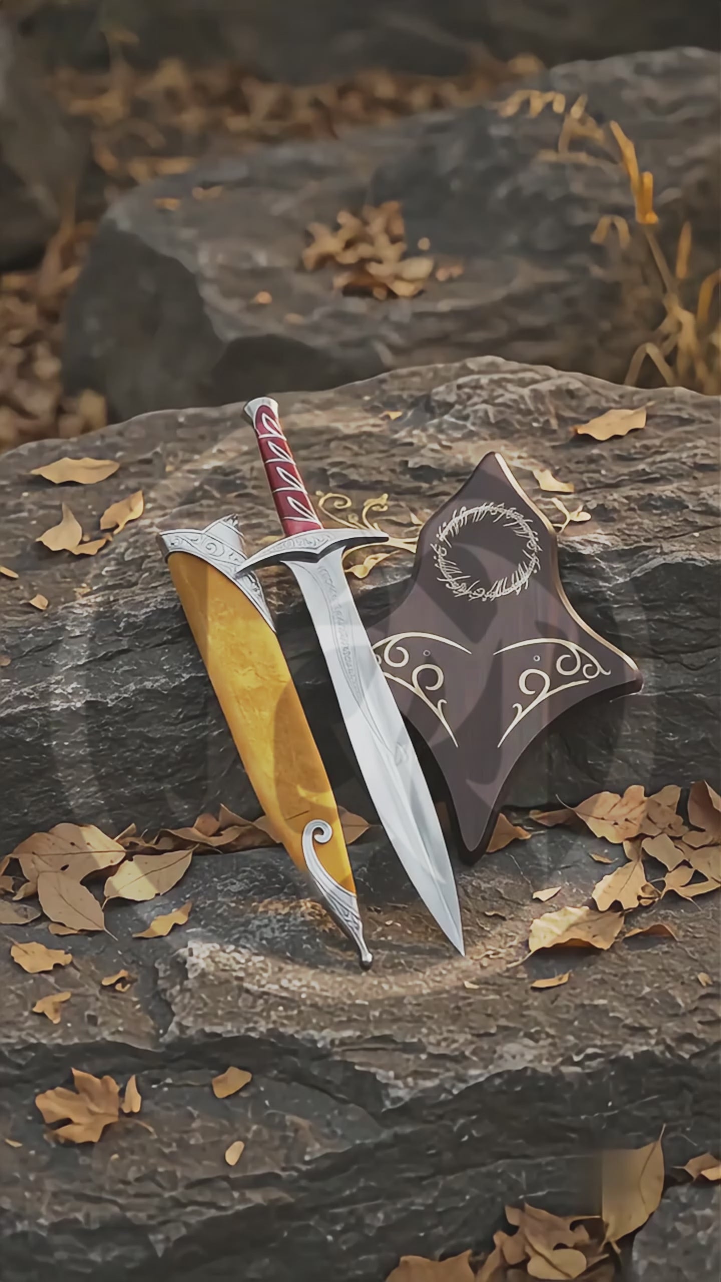 Product video showing the High Elven Warrior Sword replica with its engraved silver blade, red grip, brown scabbard and decorative Elven wall plaque in an outdoor woodland setting.