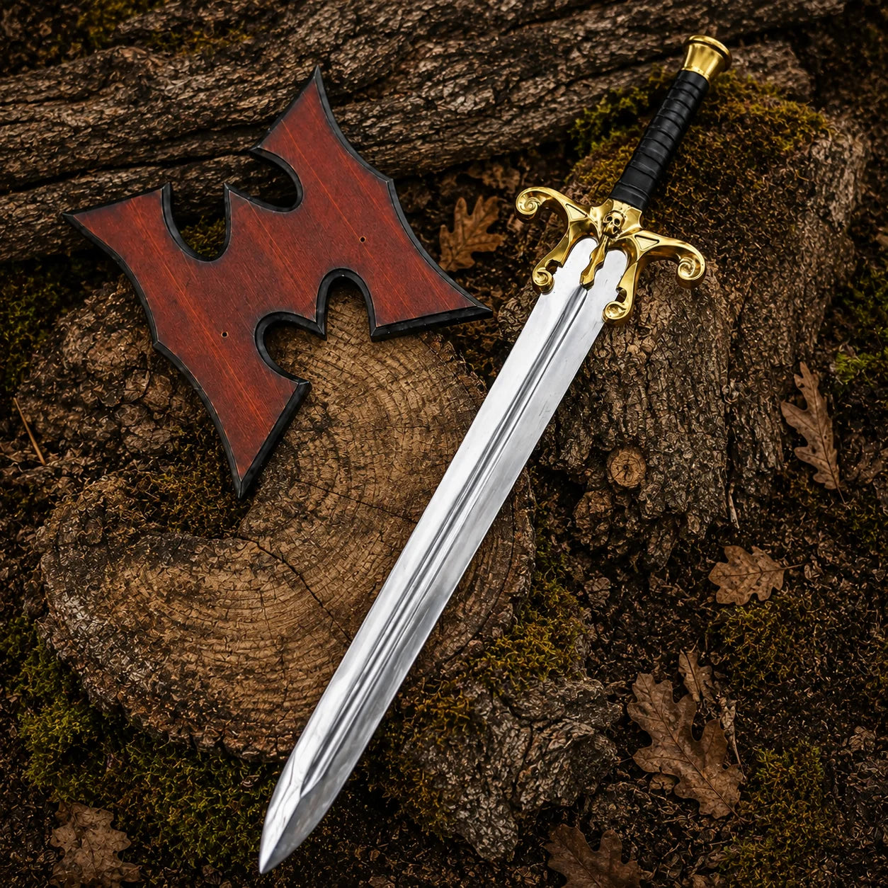 Vertical product video showing the He-Man Power Sword in woodland, including a gloved-hand presentation and close views of the gold skull guard and silver blade.