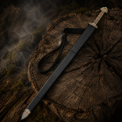 Ragnar Lothbrok Viking sword stored inside its black scabbard with shoulder strap and decorative metal fittings