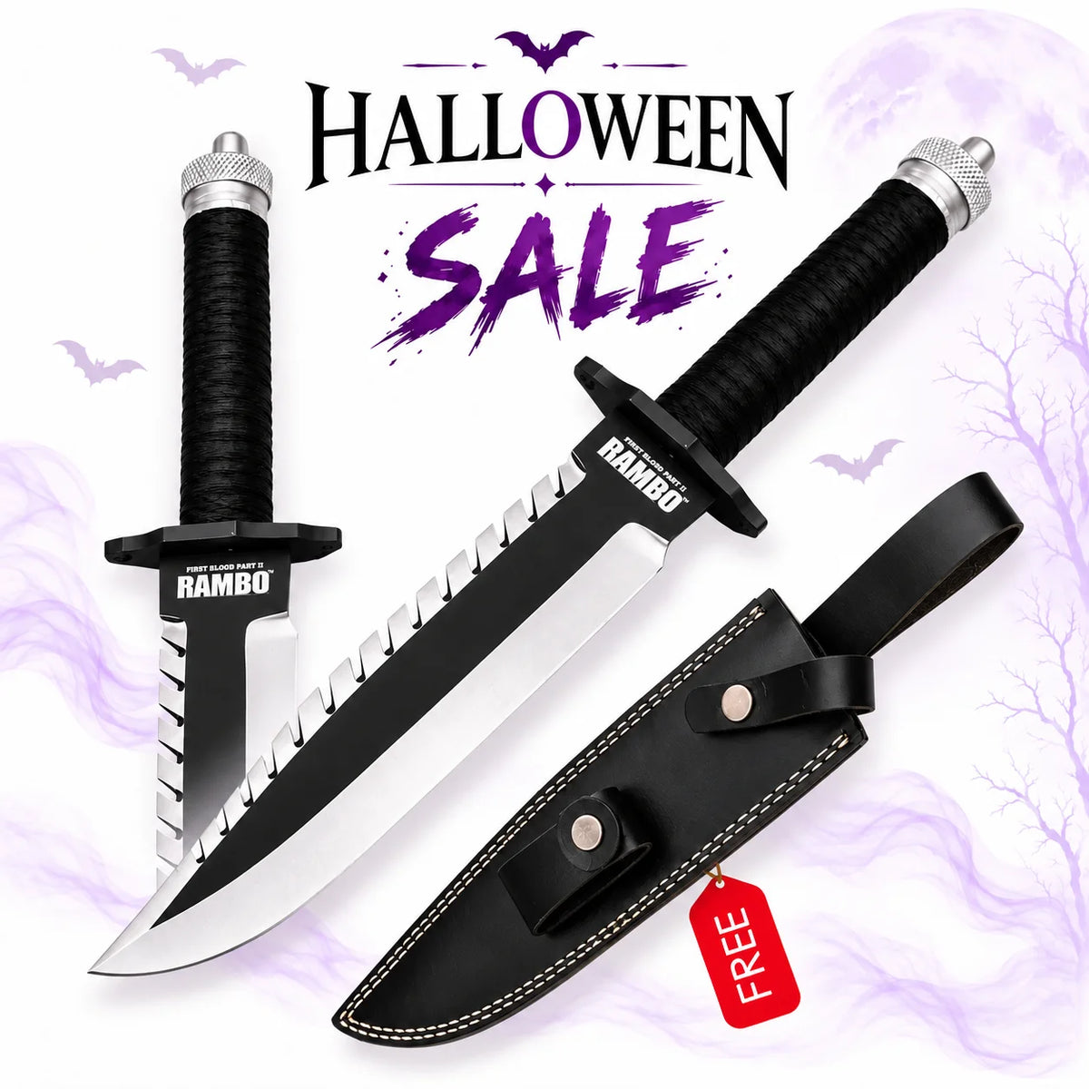 Rambo 2 First Blood Part II survival knife with black leather sheath, featured in Europe Mark's purple Halloween sale promotion.