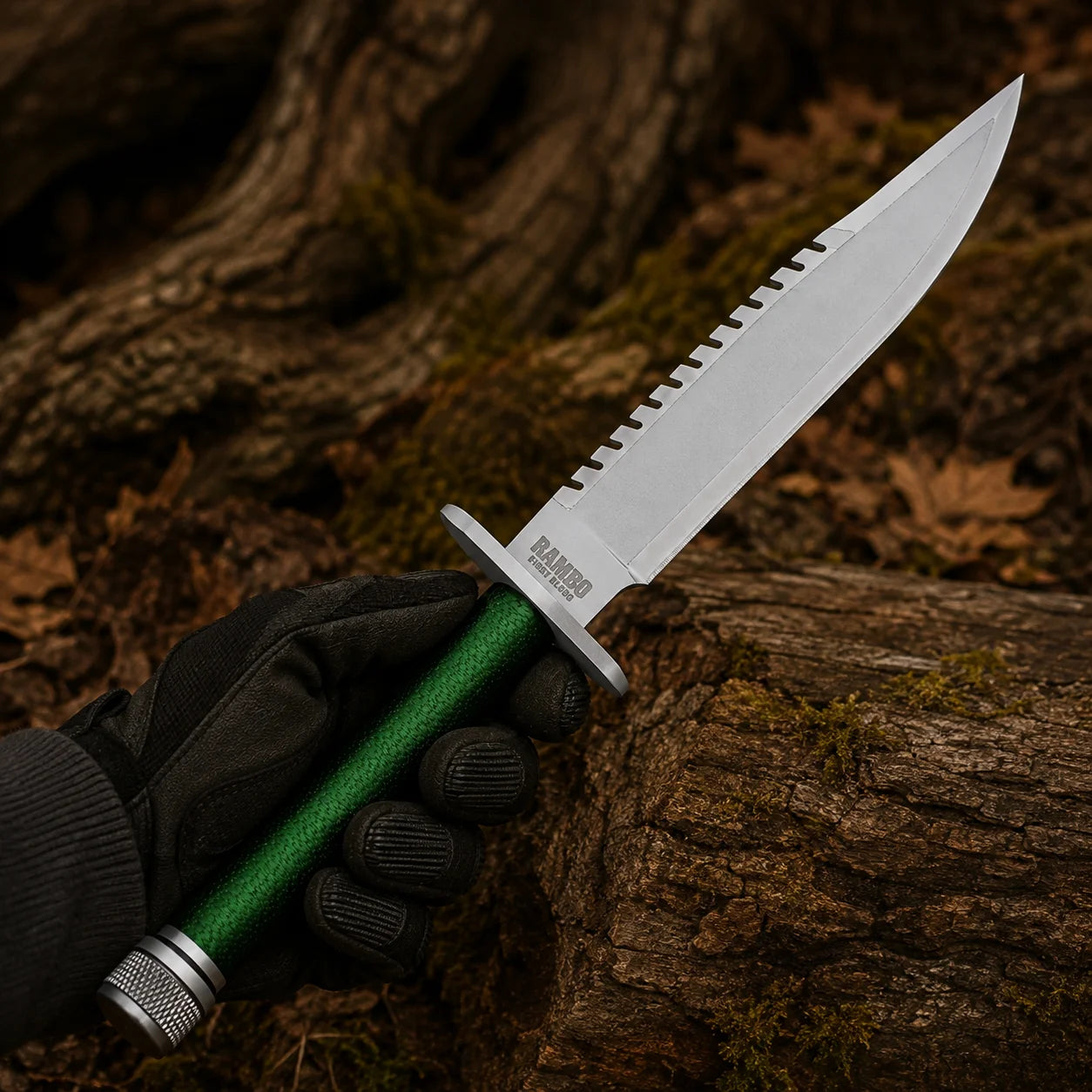 Black-gloved hand holding the Rambo First Blood Part I display replica with silver sawback-style blade and green handle