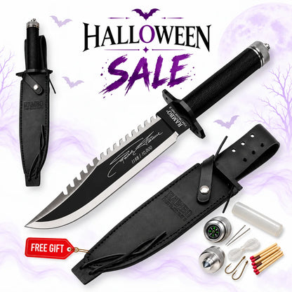 Rambo First Blood Part II signature edition knife with black and silver sawback blade, black handle, sheath and survival accessories in Halloween sale.