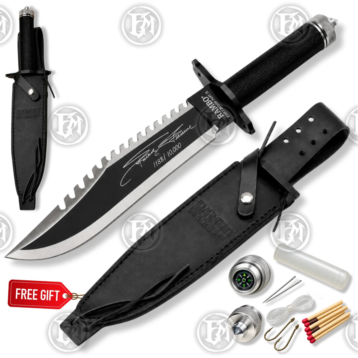 White-background Rambo First Blood Part II knife replica with black sheath and survival-themed accessories shown alongside.