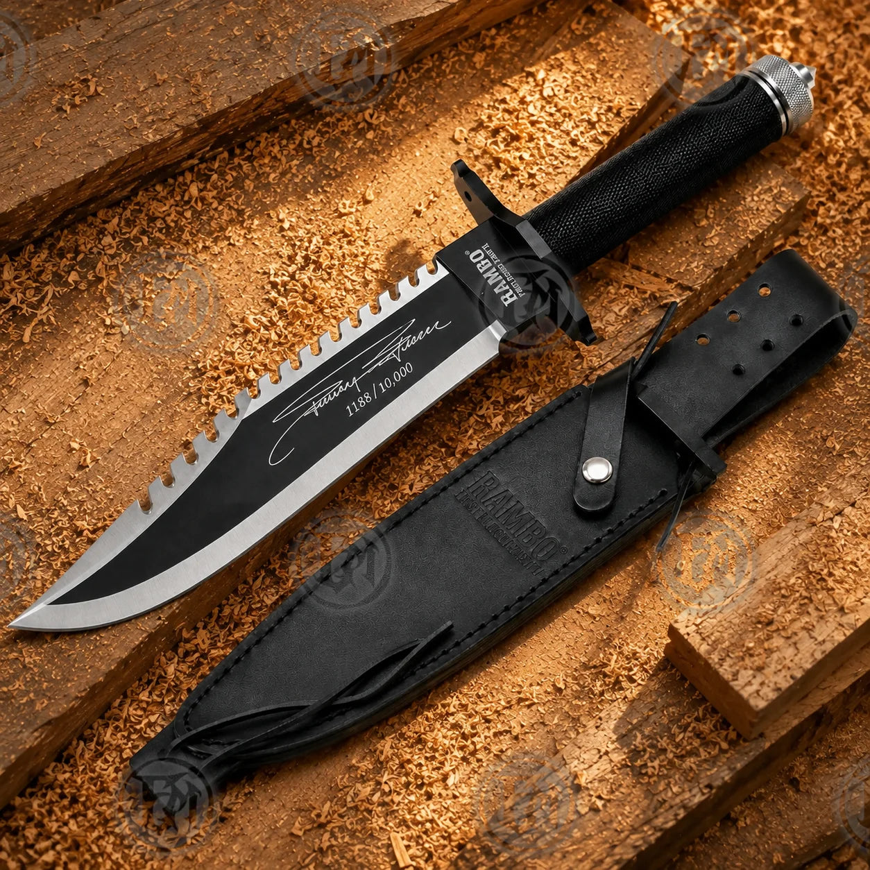 Full Rambo First Blood Part II fixed-blade collectible displayed beside its stitched black leather belt sheath.