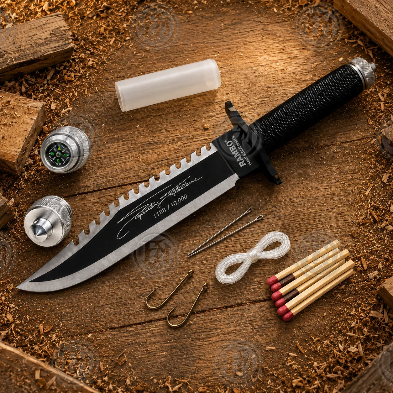 Rambo II movie-inspired knife laid beside compass-style and survival accessories on a rustic timber background.