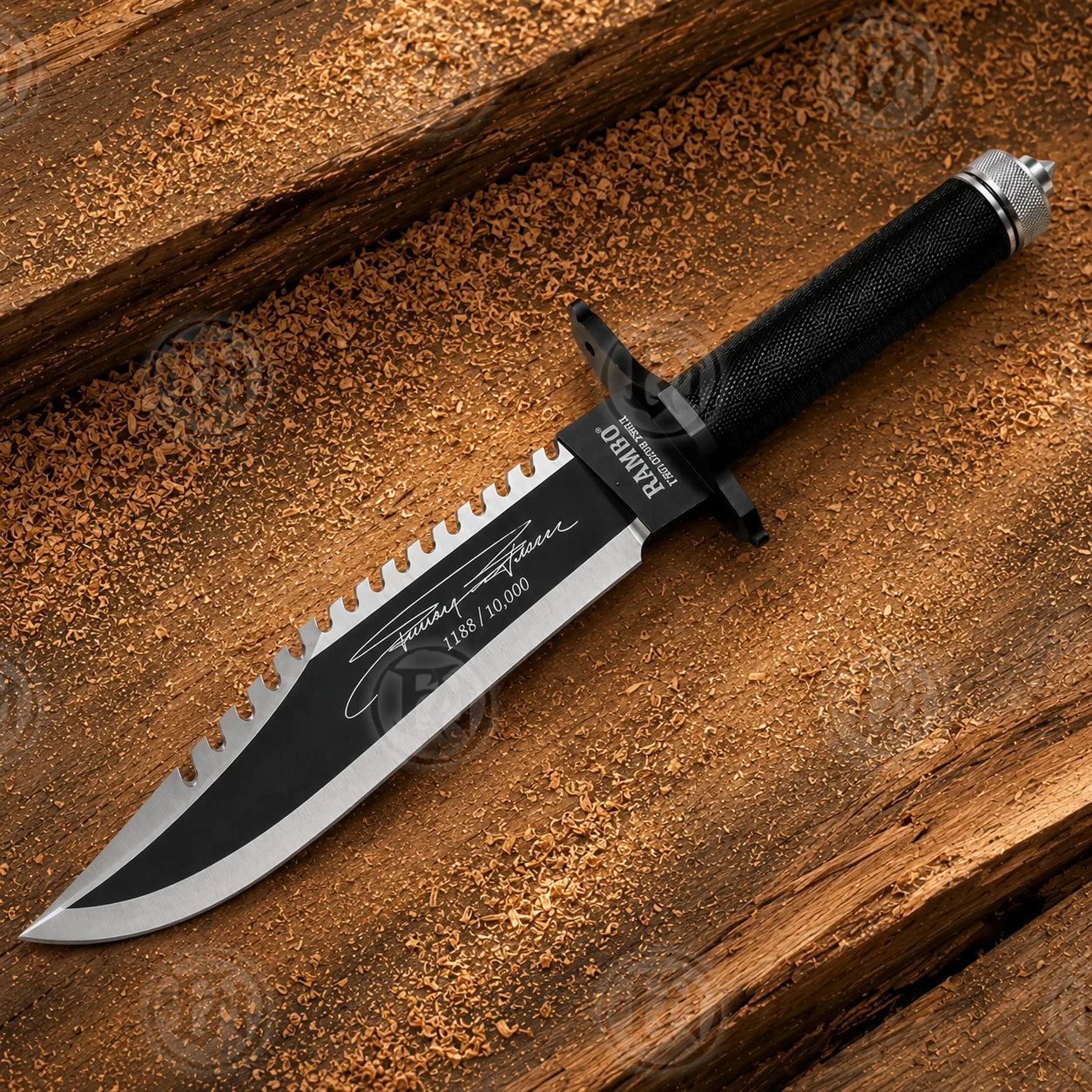 Full diagonal Rambo First Blood Part II knife replica showing black blade, silver edges and wrapped handle.
