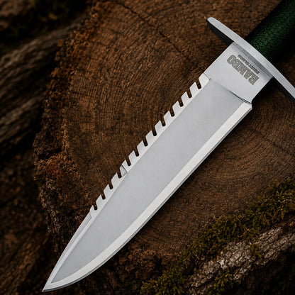 Close-up of the silver decorative blade and sawback-style detailing on the Rambo First Blood Part I replica